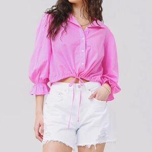 Xirena Elody blouson top ruffle cuffs button front cinch tie waist 3/4 sleeves